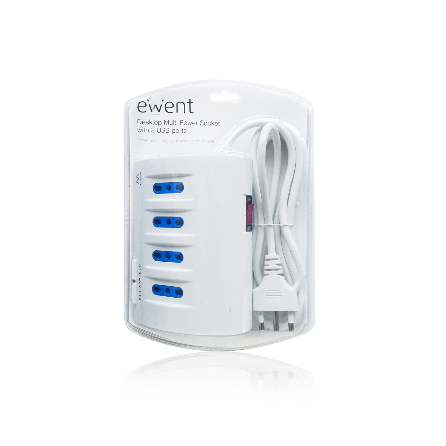 Biała listwa zasilająca w opakowaniu z niebieskimi gniazdami i białym kablem. Widoczna etykieta produktu, białe tło.