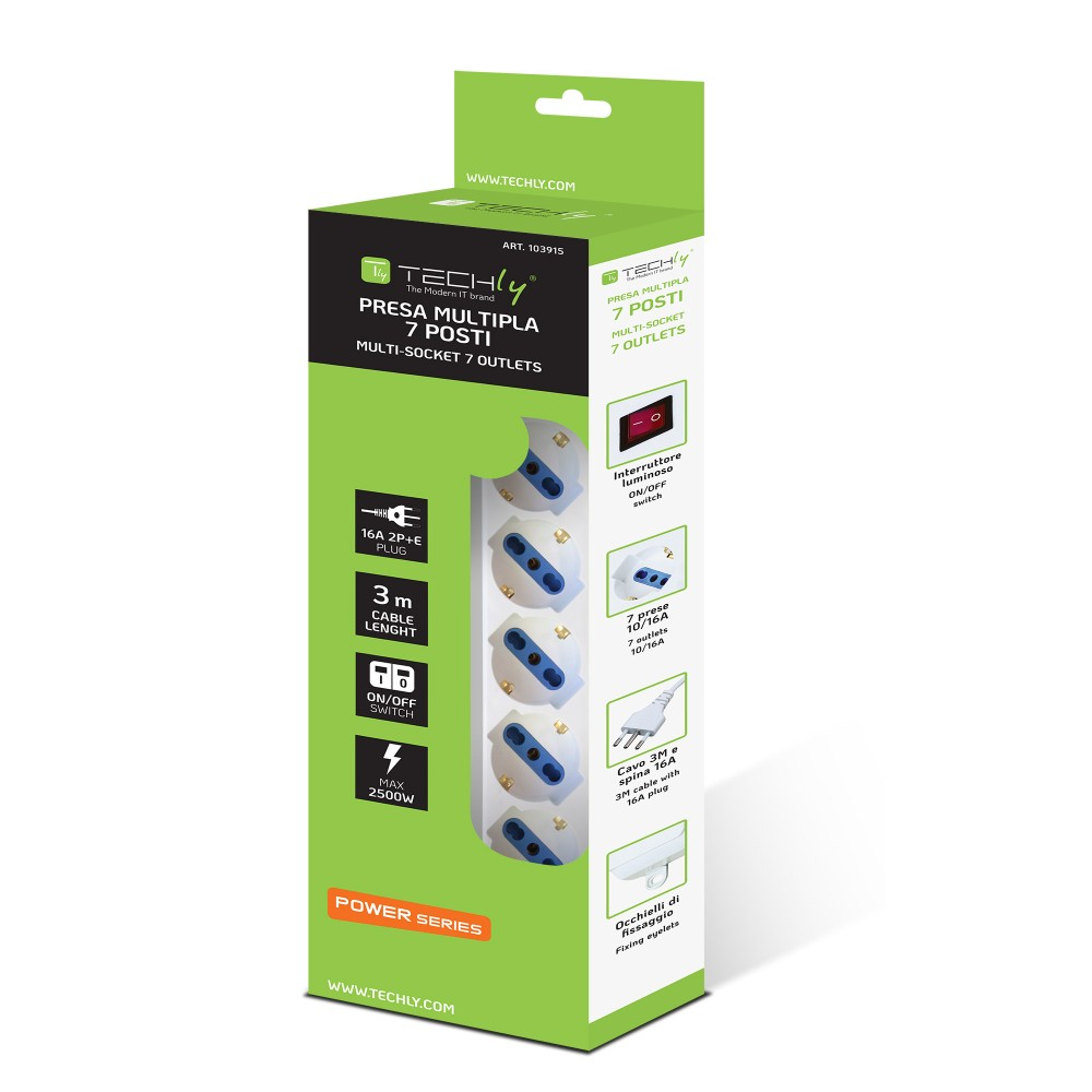 Scatola multipresa 7 prese. Verde e bianco. Etichette Power Series e caratteristiche di sicurezza.