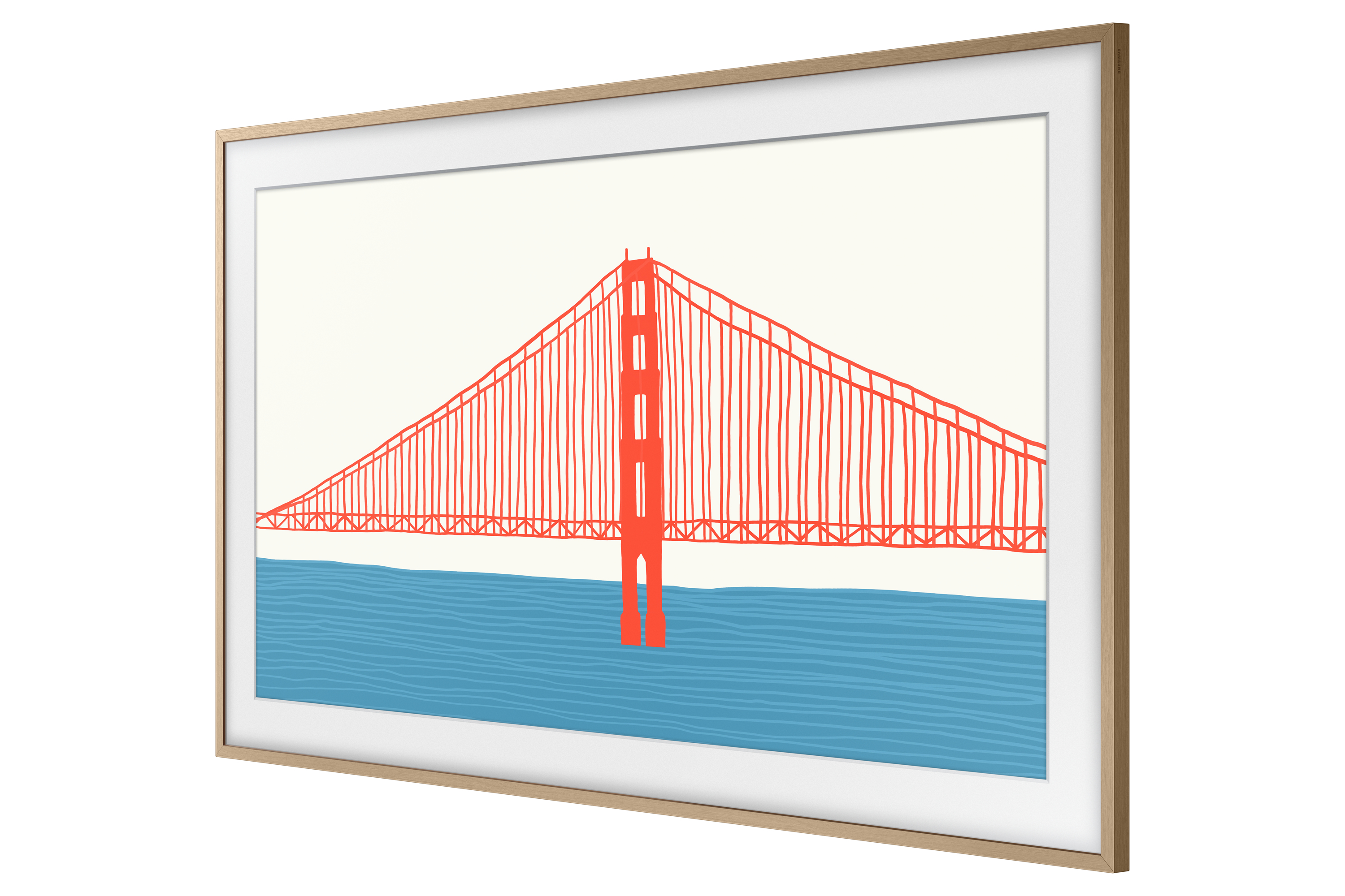 TV-Bildschirm, der eine Zeichnung der Golden Gate Bridge in einem Holzrahmen anzeigt.