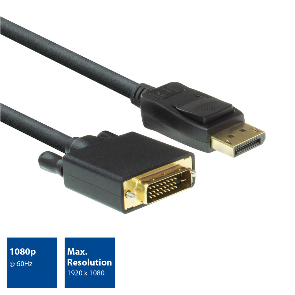 Câble DisplayPort vers DVI noir sur fond blanc. Connecteurs aux deux extrémités.