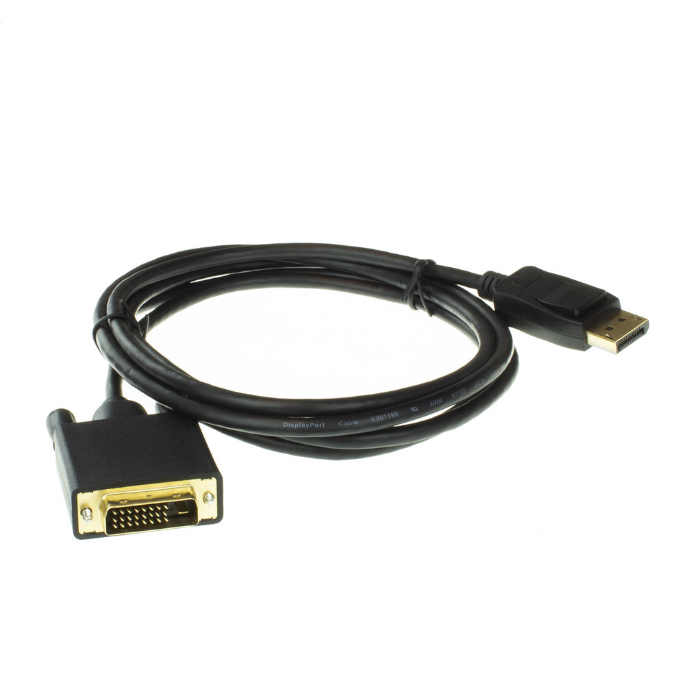 Câble noir DisplayPort vers DVI, incliné sur blanc. Connecteur DisplayPort à droite, DVI à gauche.