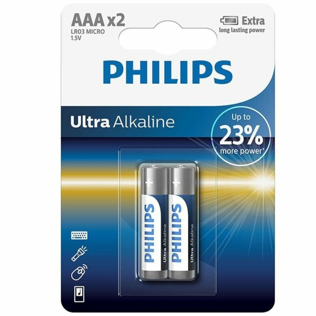 Baterie Philips AAA w blistrze. Niebiesko-białe opakowanie ze szczegółami baterii.
