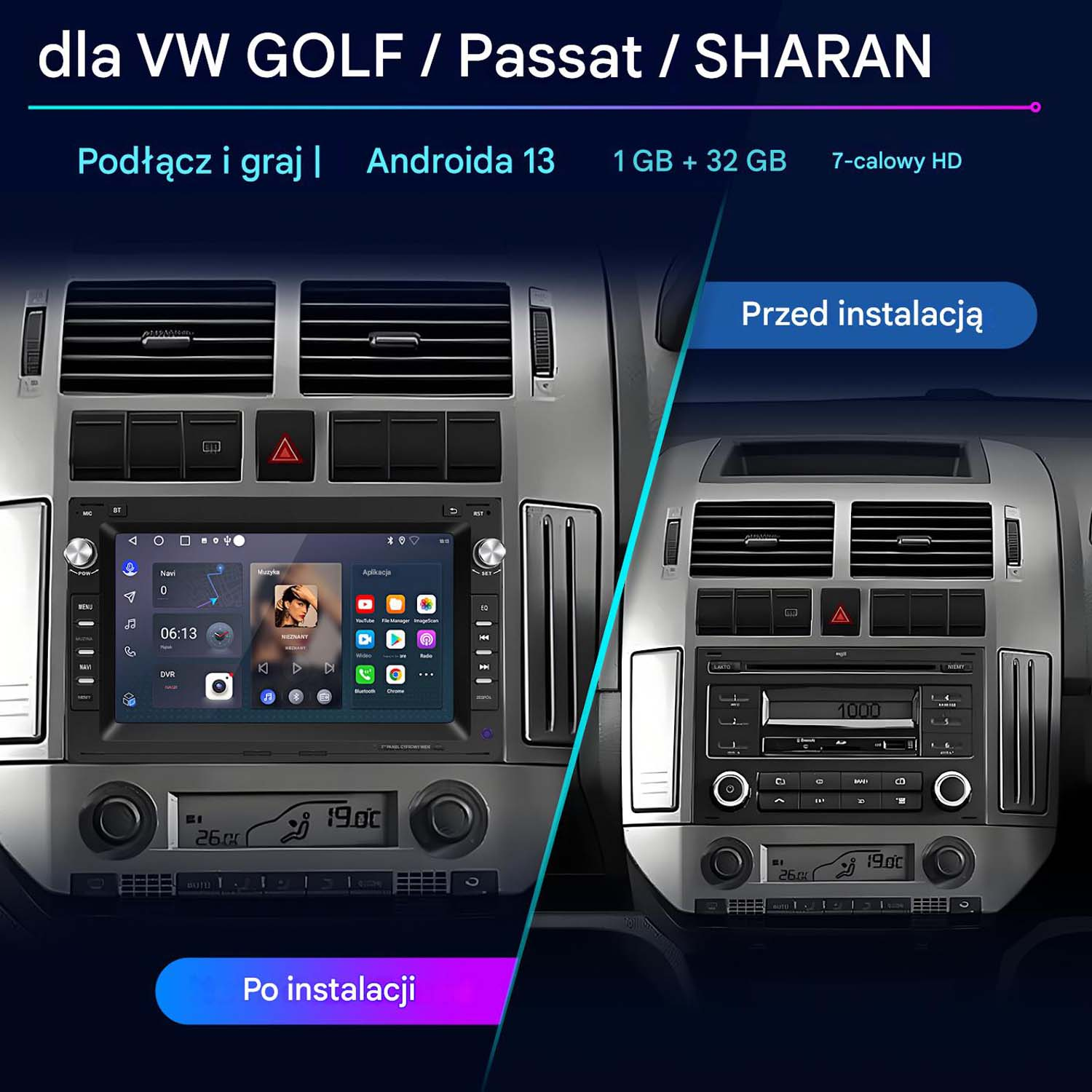 Ekran radia samochodowego, tekst w języku polskim. Pokazuje przed i po instalacji. Wyświetla nowoczesny interfejs.