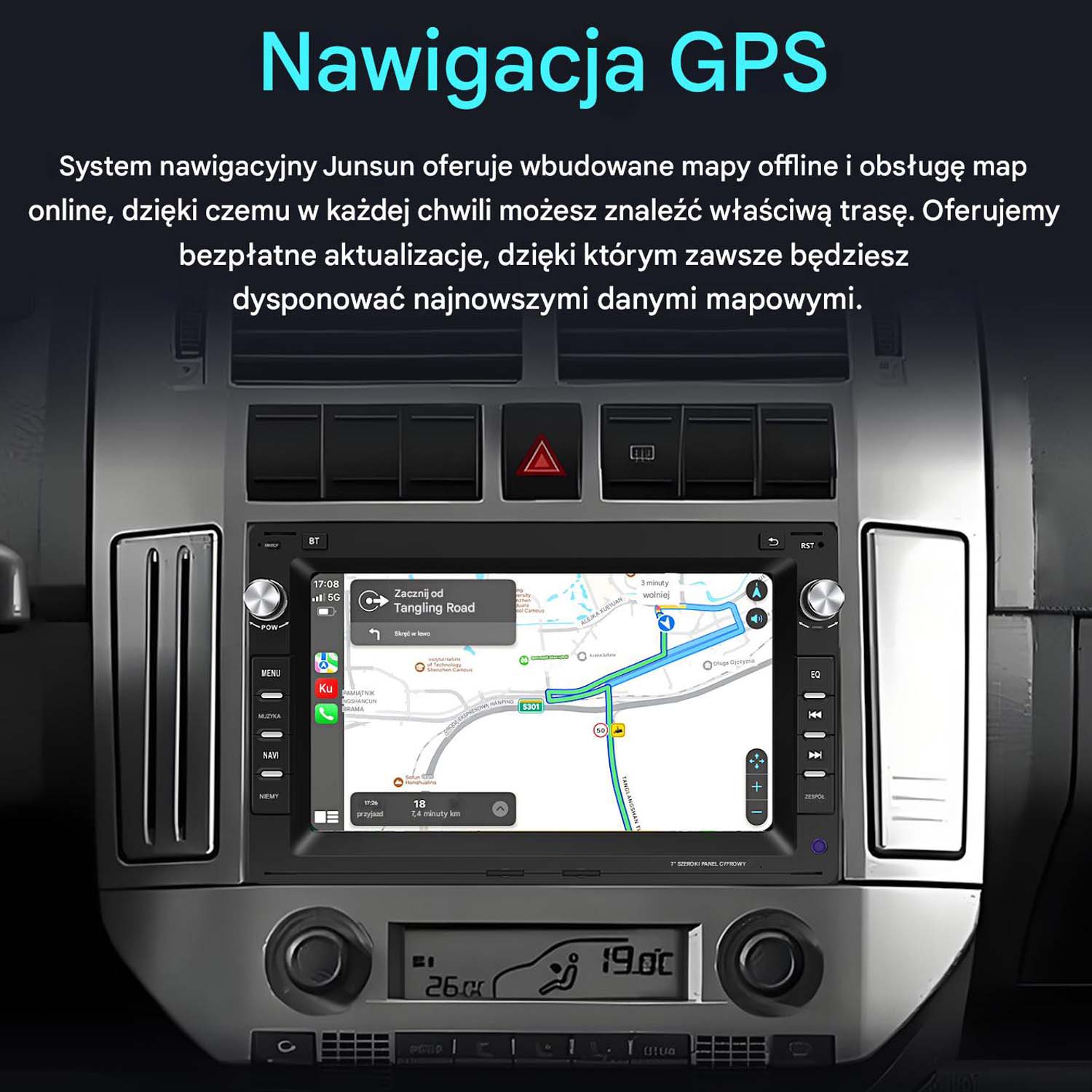 Radio samochodowe z wyświetloną mapą nawigacji. Pokazuje interfejs mapy z zaznaczoną trasą.