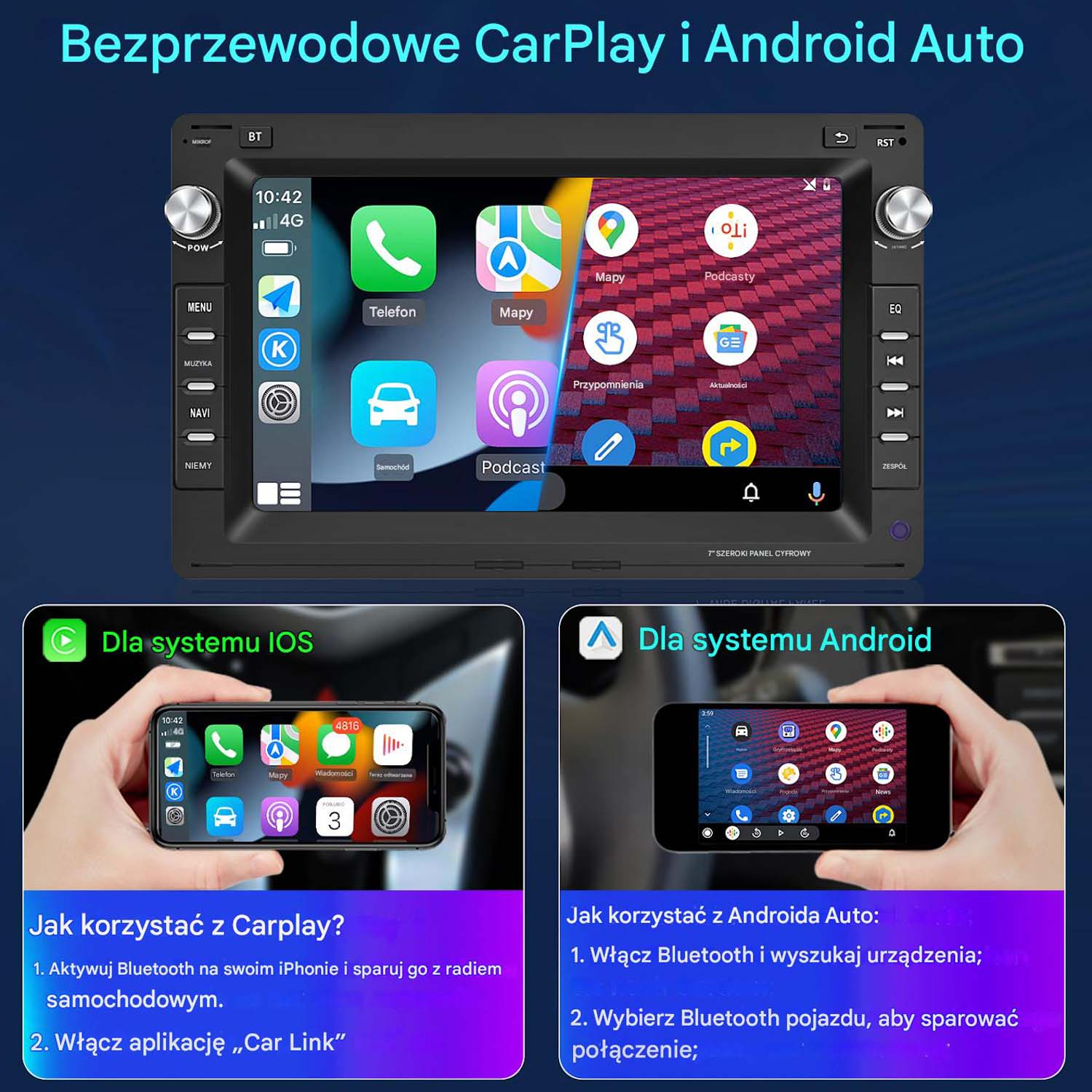 Interfejs systemu multimedialnego w samochodzie. Wyświetla opcje CarPlay i Android Auto. Widoczne przyciski i ikony.