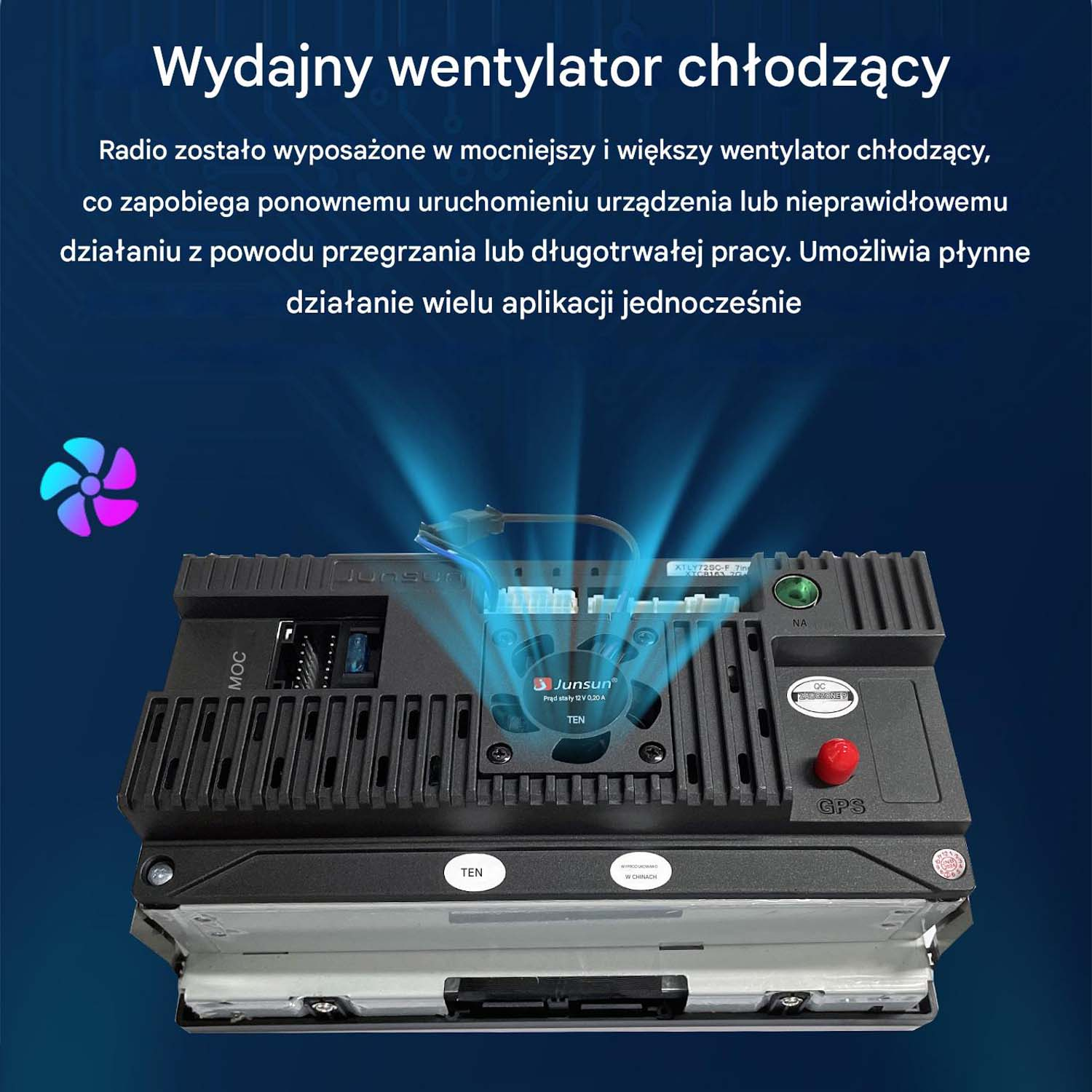 Tył radia samochodowego, pokazujący wentylator chłodzący i elementy wewnętrzne. Tekst po polsku.