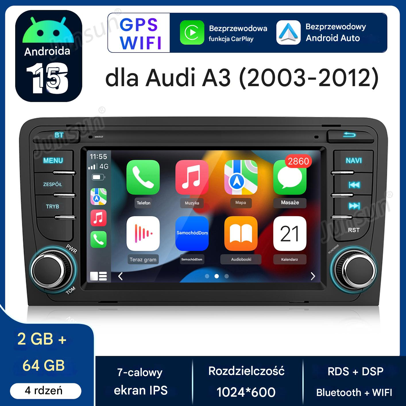 Radio samochodowe z ekranem dotykowym i ikonami. Tekst: 'dla Audi A3 (2003-2012)'.