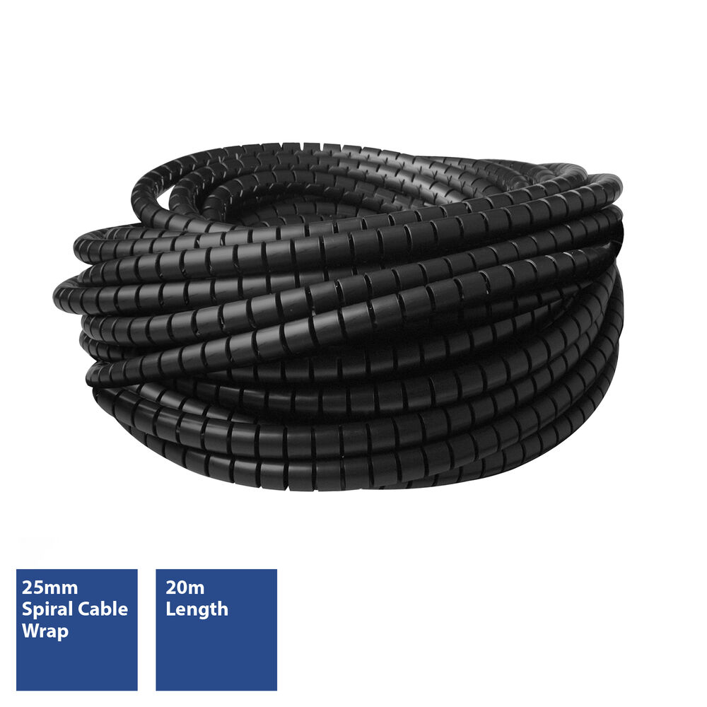 Un avvolgimento a spirale nero per cavi con etichette di testo, per la gestione dei cavi.