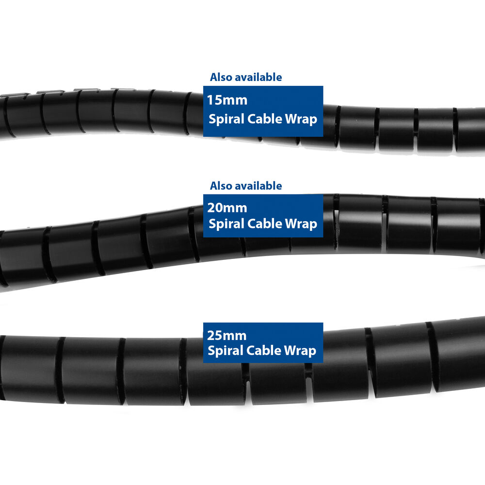 Tre sezioni di guaina per cavi a spirale nera, con testo che indica le dimensioni di 15 mm, 20 mm e 25 mm.