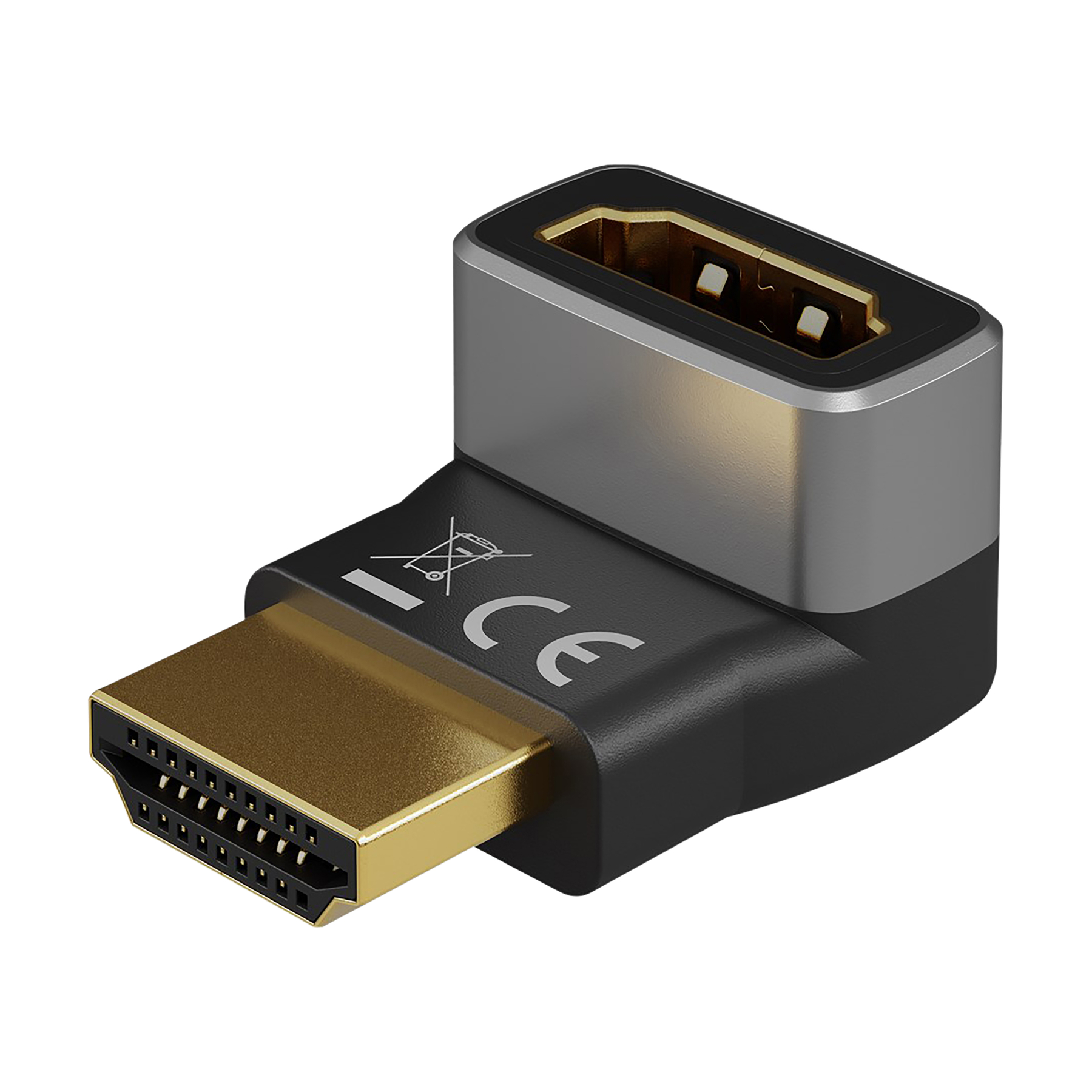 Un adattatore HDMI con connettori dorati e neri. Ha un marchio CE e un corpo argentato.