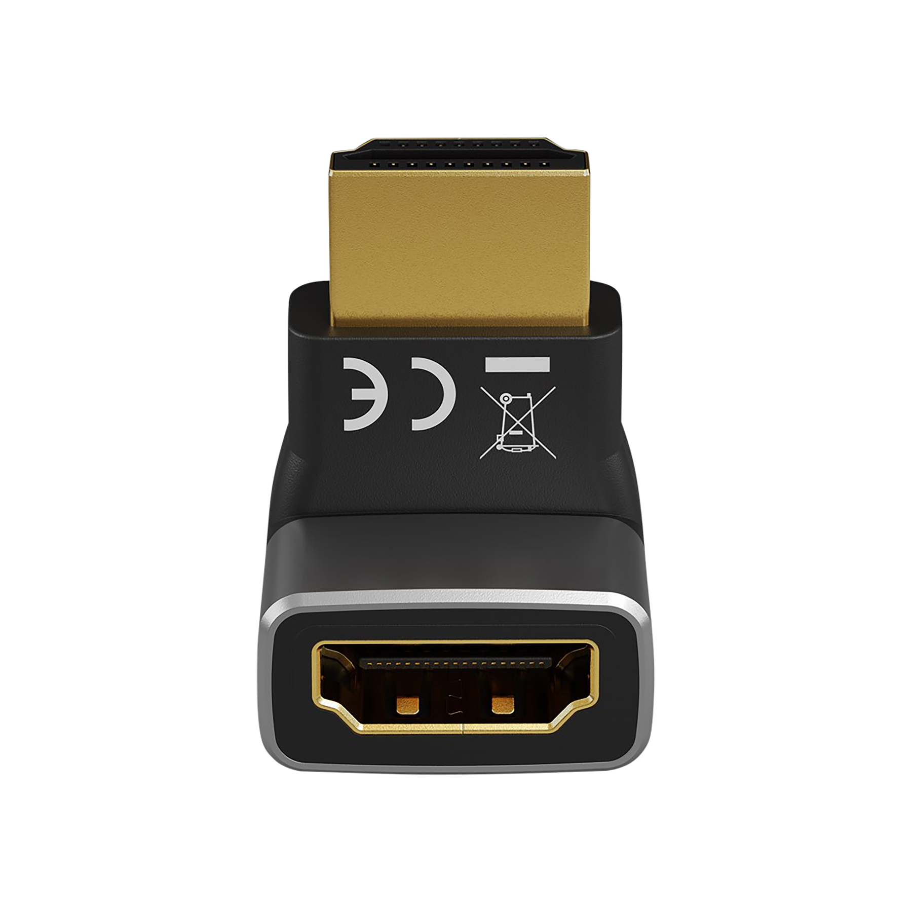 Adattatore HDMI. Connettori neri e dorati. Corpo nero con marchio CE.