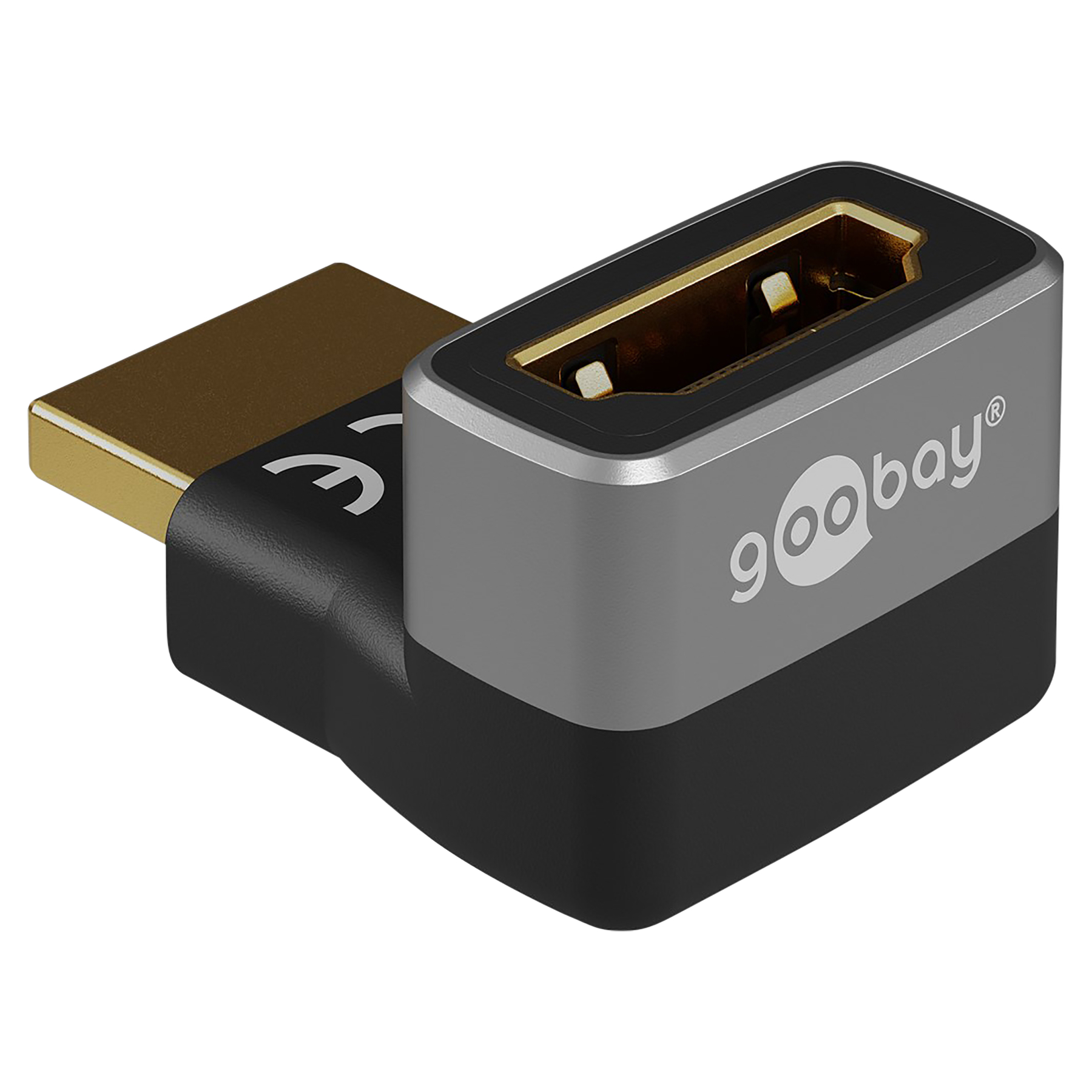 Adattatore HDMI angolato. Connettori neri e dorati. Corpo grigio e nero.