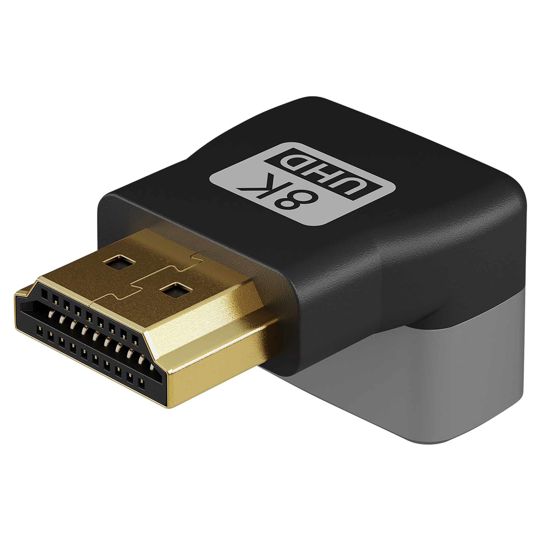 Adattatore HDMI con marchio 8K UHD. Corpo nero, connettore dorato.