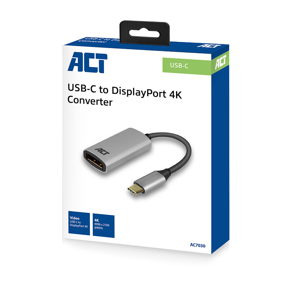 Scatola del convertitore ACT USB-C a DisplayPort 4K. Scatola bianca con informazioni sul prodotto e immagine.