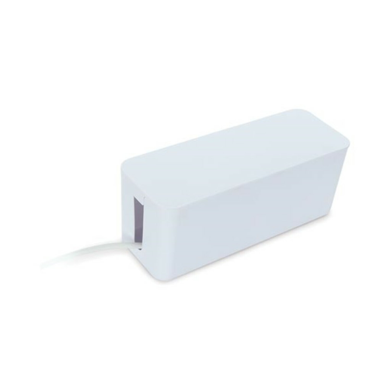 Białe pudełko do porządkowania kabli z otworem z jednej strony i częściowo włożonym białym kablem.