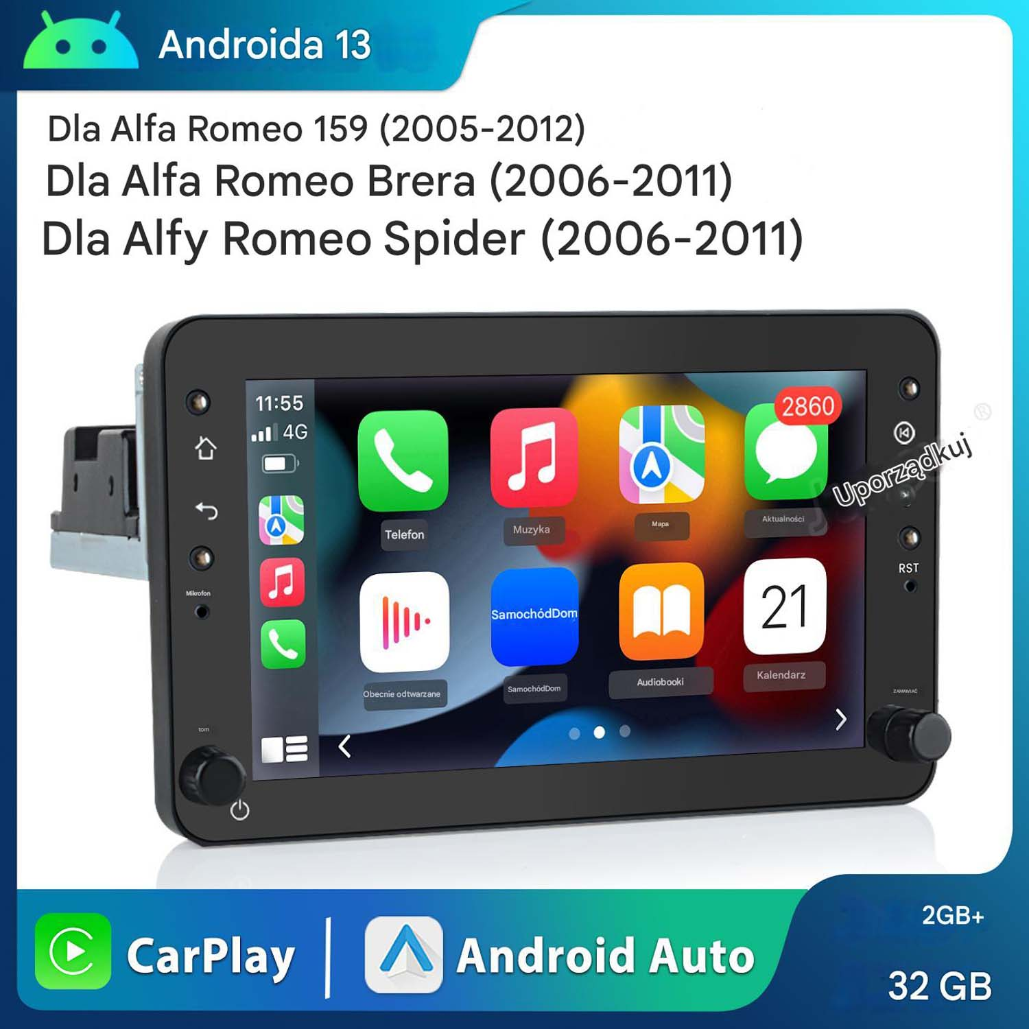 Ekran multimedialny w samochodzie z aplikacjami, w tym telefonem, muzyką, mapami i kalendarzem.