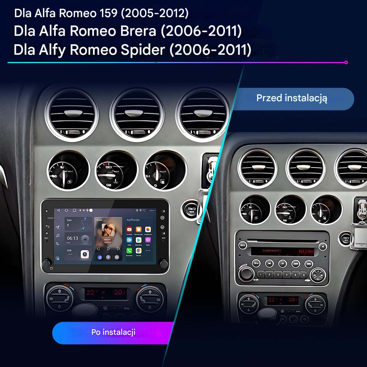 Deska rozdzielcza z zainstalowanym systemem multimedialnym, pokazująca zdjęcia przed i po, z wymienionymi modelami Alfa Romeo.