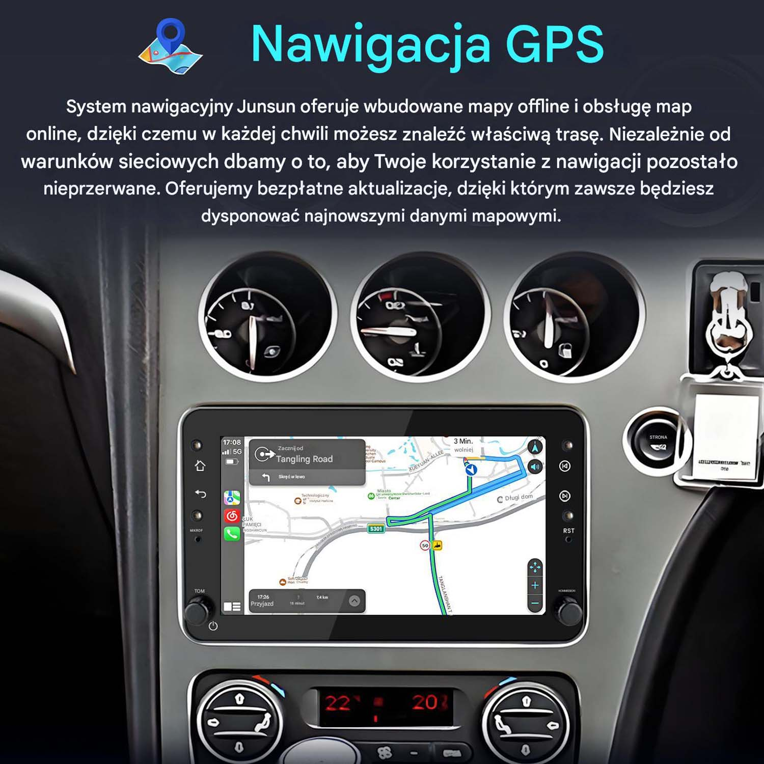 Interfejs nawigacji GPS na ekranie multimedialnym samochodu ze szczegółami mapy.