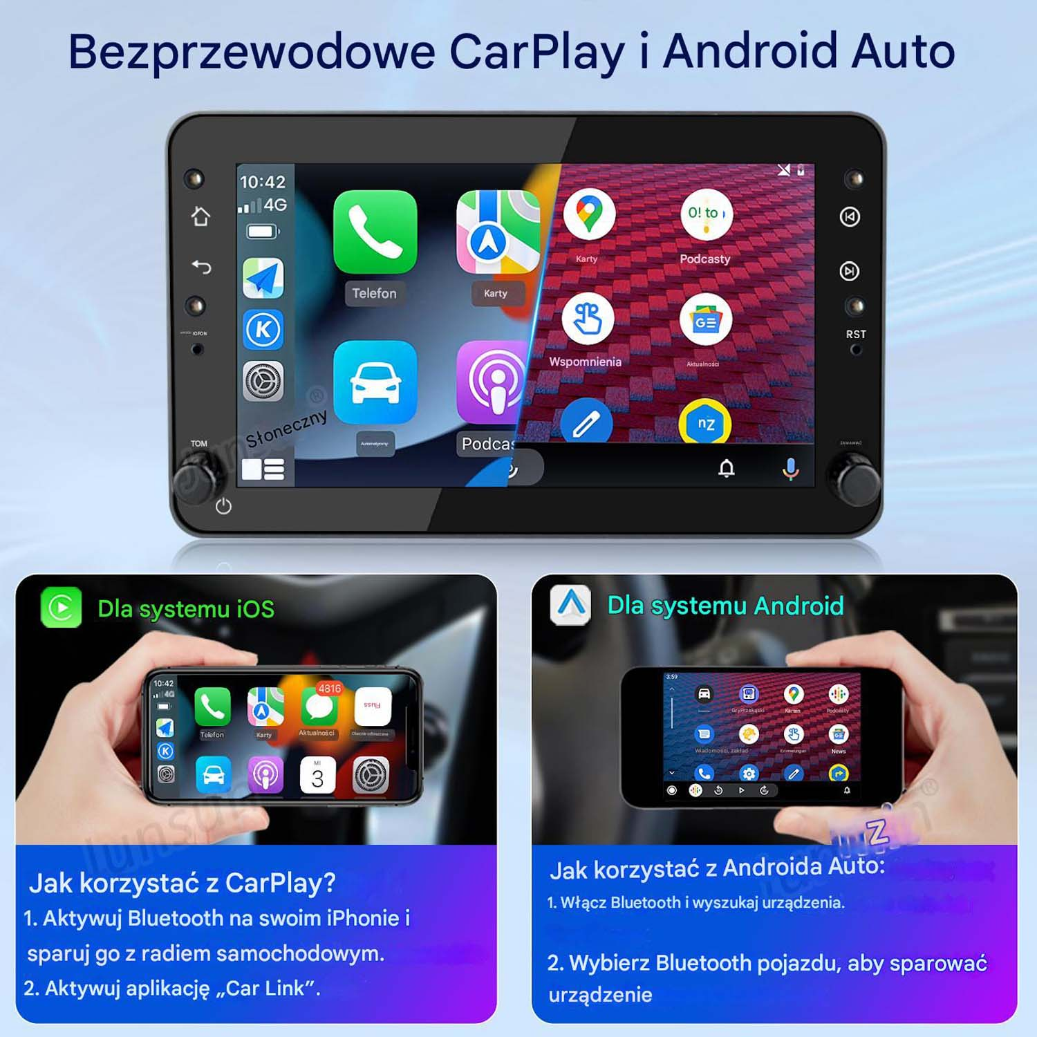 Dwa ekrany samochodowego systemu multimedialnego. Jeden pokazuje ekran główny, drugi jak korzystać z CarPlay i Android Auto.