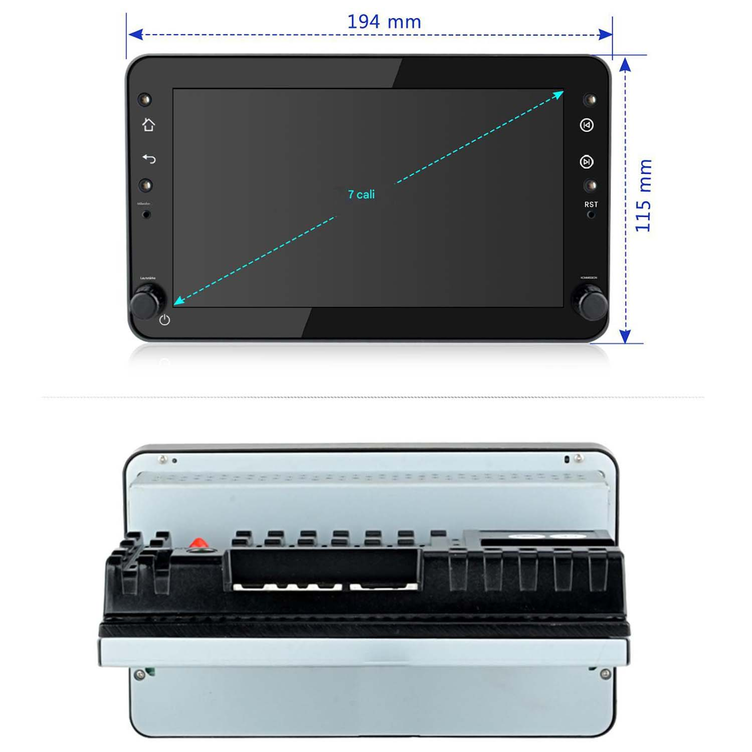 Ekran multimedialny w samochodzie z wymiarami i szczegółami ekranu dotykowego.