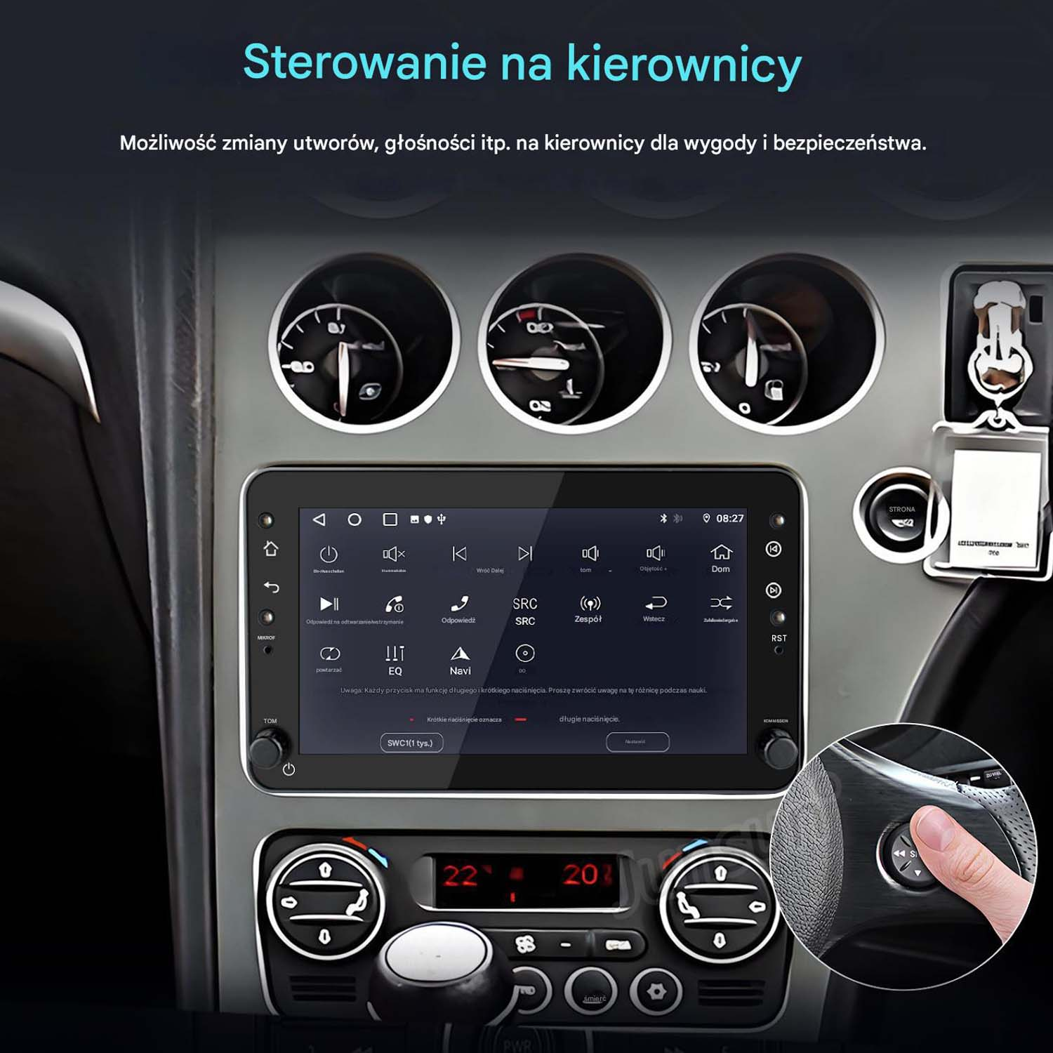 Ekran multimedialny samochodu z kontrolą kierownicy i ustawieniami audio.