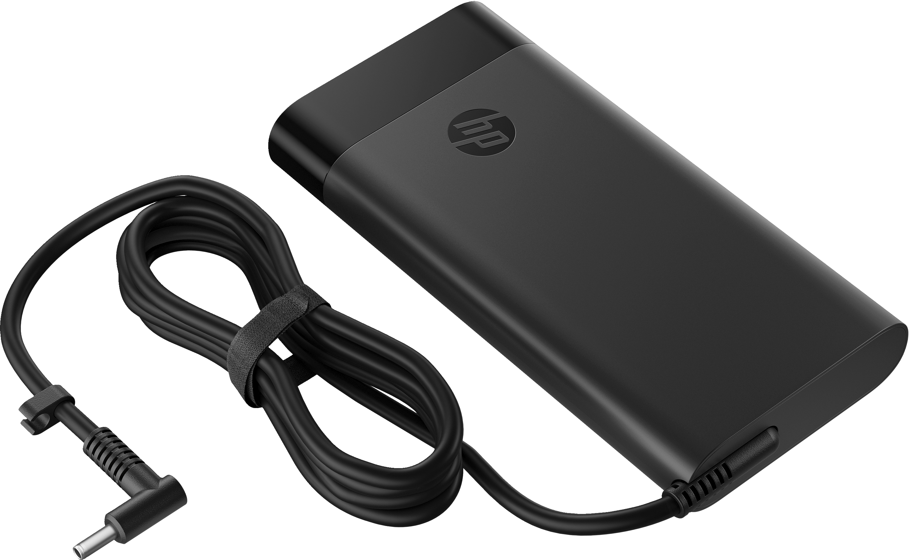 Caricabatterie per laptop HP nero con cavo e velcro per fissare.