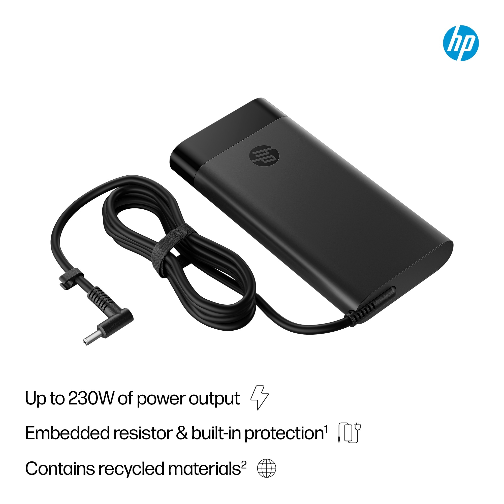 Caricabatterie per laptop HP nero con testo, potenza, resistenza e materiali riciclati.