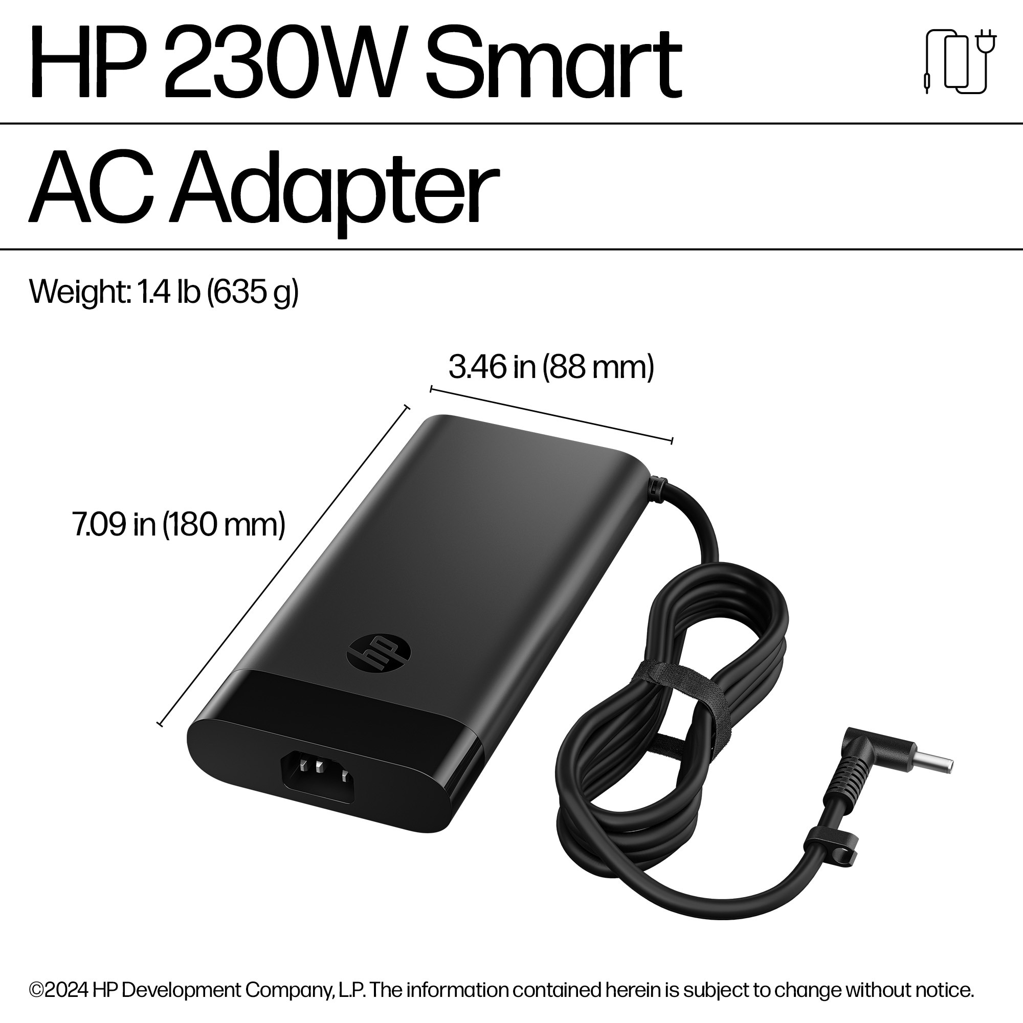 Adattatore CA intelligente HP 230W nero con cavo e connettore.