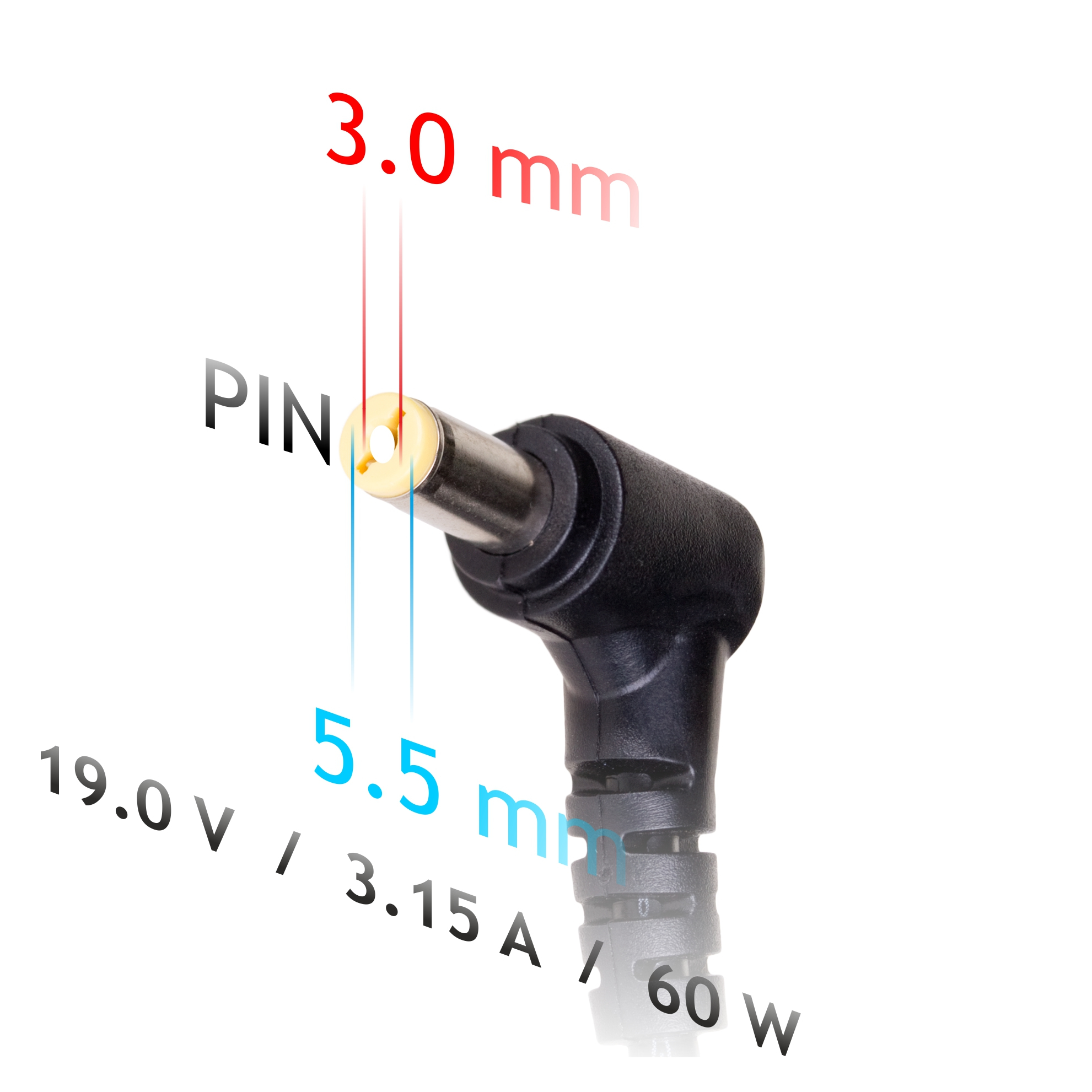 Nahaufnahme des Laptop-Ladegerät-Anschlusses mit Messungen. Stift ist 3,0 mm, 5,5 mm, 19,0 V.