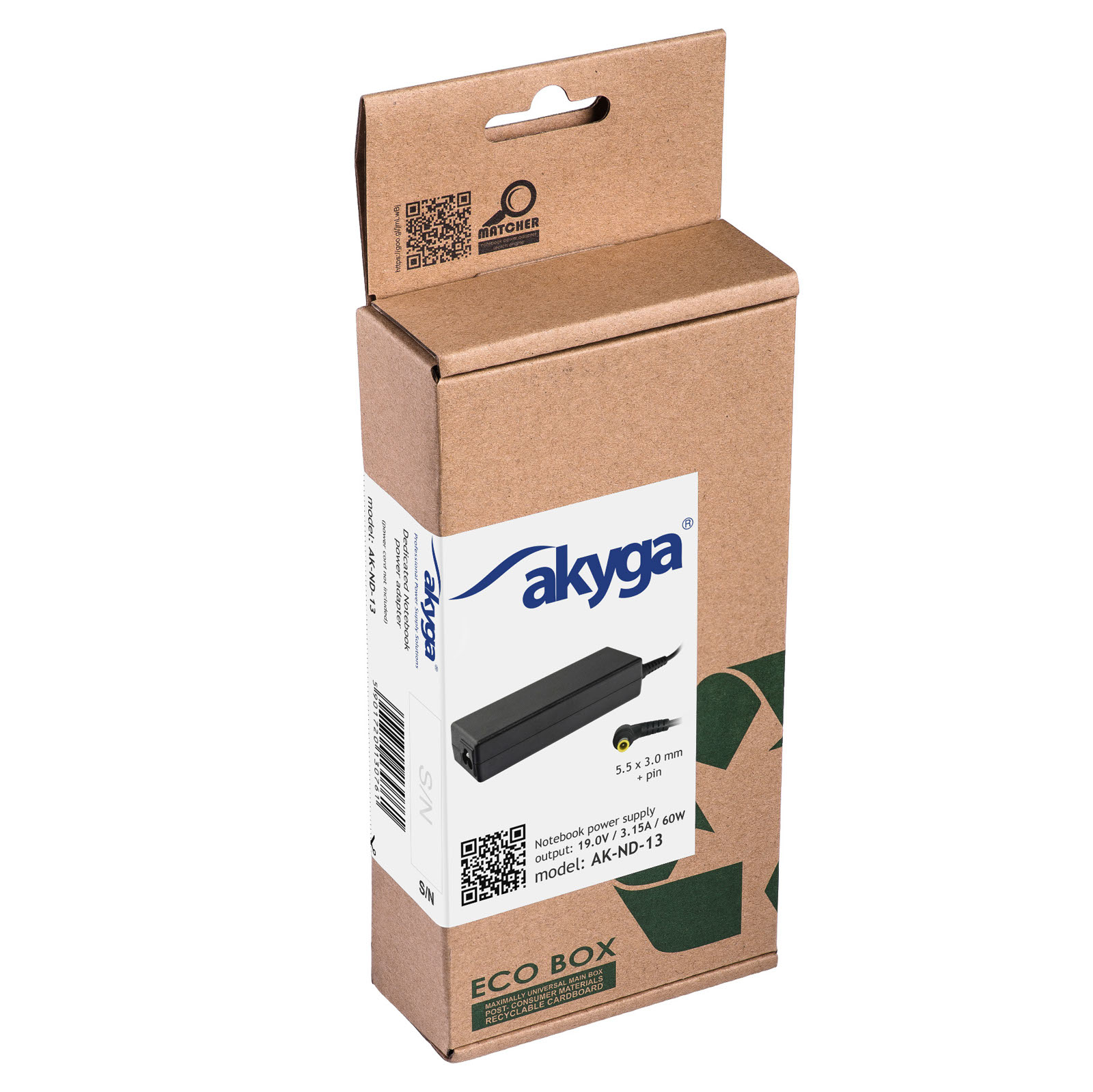 Akyga-Laptop-Ladegerät in einem Karton mit Etikett und Aufhängeloch.
