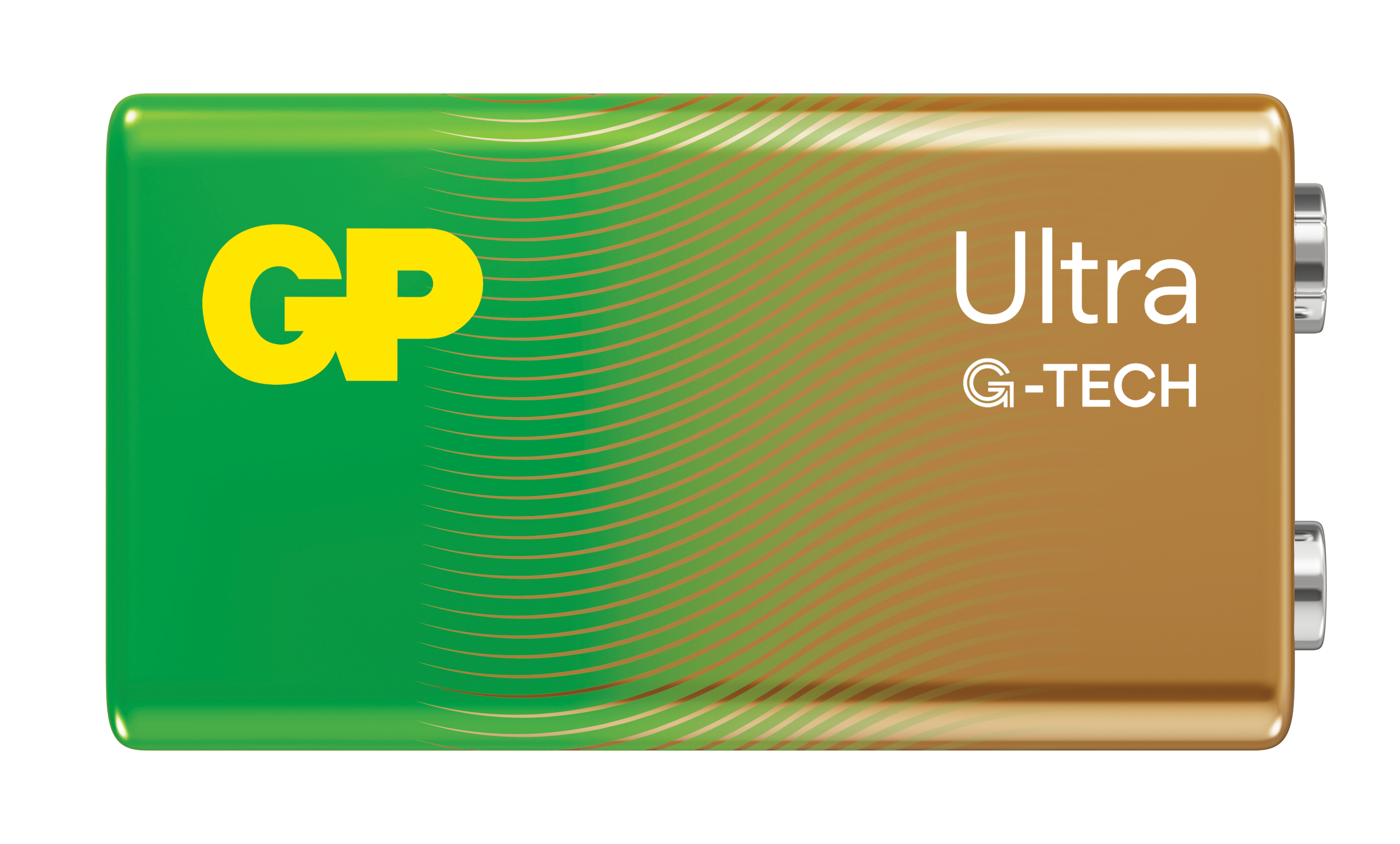 Batteria GP Ultra G-TECH 9V, verde e marrone, vista dall'alto, isolata.