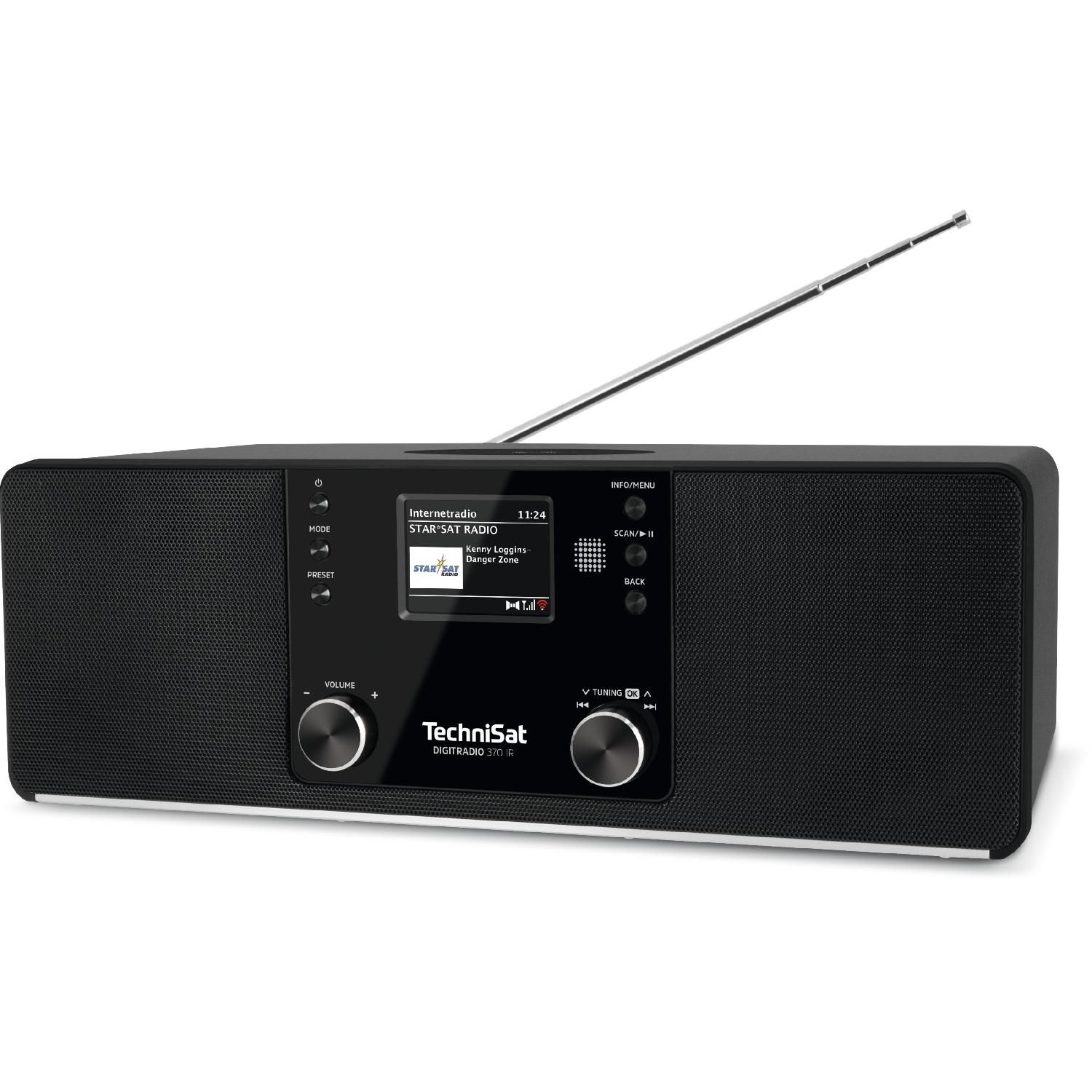 Zwarte TechniSat radio, antenne omhoog, display toont zenderinfo en tijd.