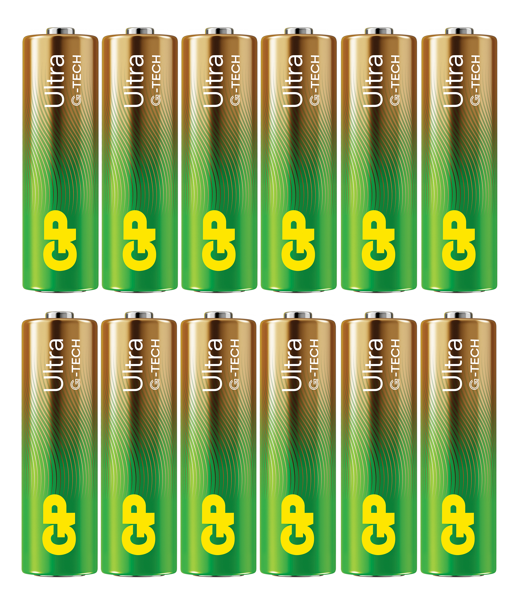 Una collezione di 12 batterie AA. Le batterie sono verdi e dorate, con un'etichetta gialla.