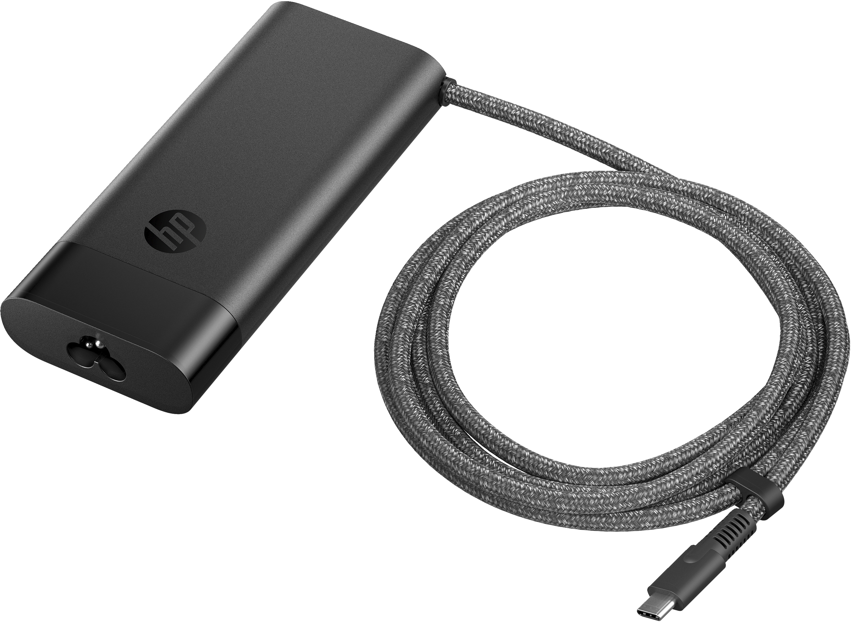 Czarny zasilacz HP z kablem USB-C na białym tle. Kabel jest szary.