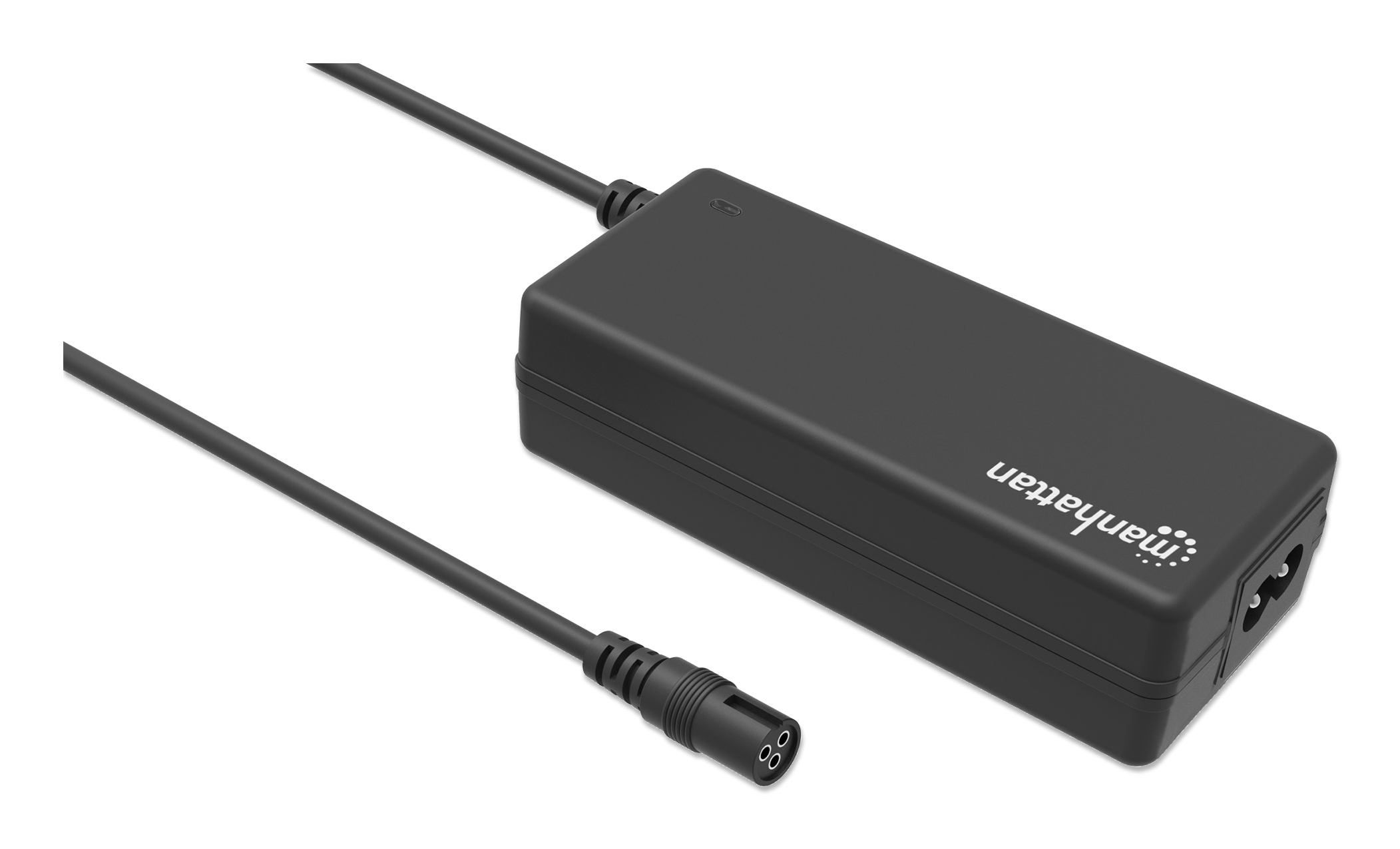 Czarna ładowarka do laptopa Manhattan. Czarny kabel. Trójpionowe złącze po lewej stronie. Logo Manhattan.