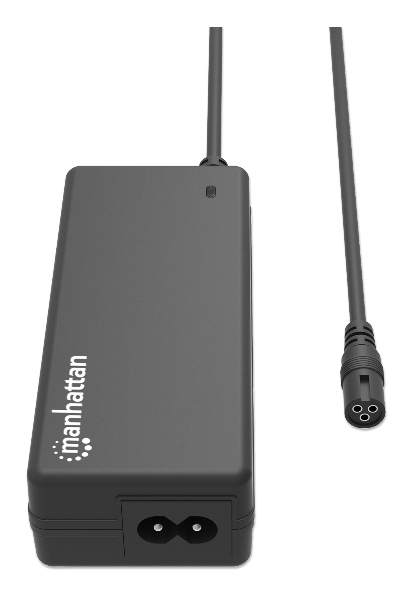 Czarna ładowarka do laptopa Manhattan. Czarny kabel z trzypinowym złączem. Logo Manhattan.