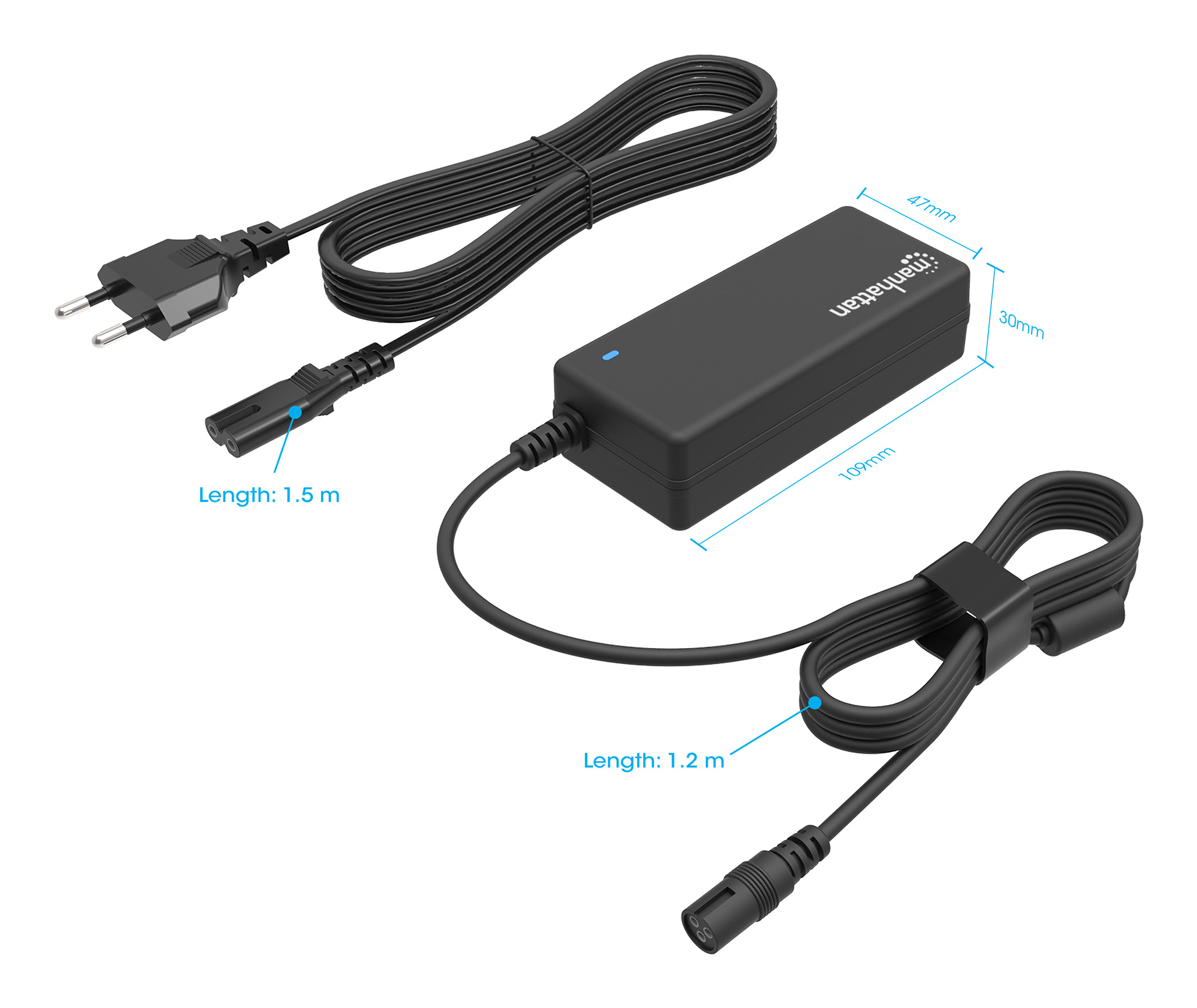 Czarny zasilacz Manhattan z kablami i wymiarami. Białe tło z niebieskimi liniami.