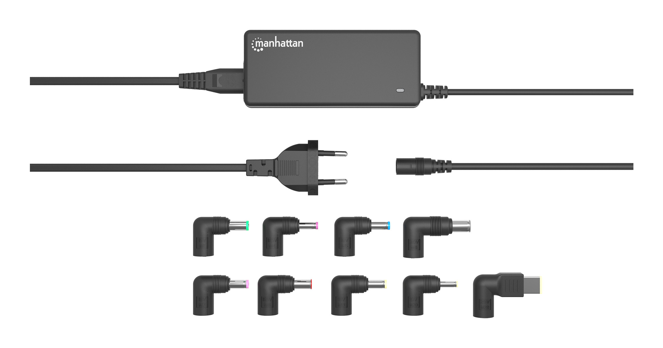 Czarny zasilacz Manhattan z różnymi końcówkami i kablami, ułożone na białym tle.