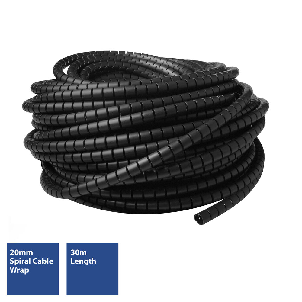 Avvolgicavo a spirale nero arrotolato. Etichetta blu indica dimensioni e lunghezza: 20mm, 30m.