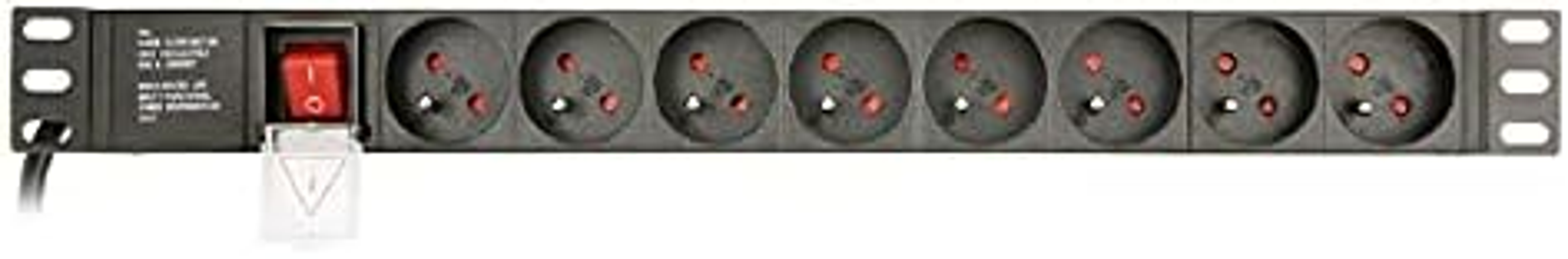 Czarna listwa zasilająca z siedmioma gniazdami i czerwonym wyłącznikiem.