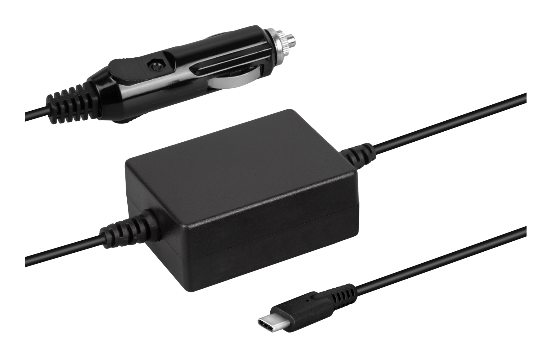 Czarny adapter ładowarki samochodowej z kablem USB-C i czarną obudową.
