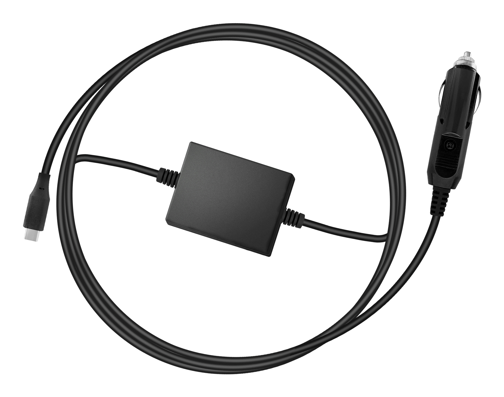 Czarny adapter ładowarki samochodowej ze złączem USB-C i czarnym kablem.