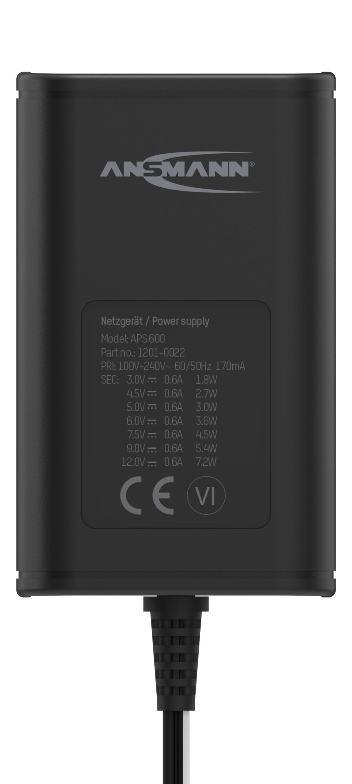 Czarny zasilacz z białym tekstem i przewodem zasilającym.