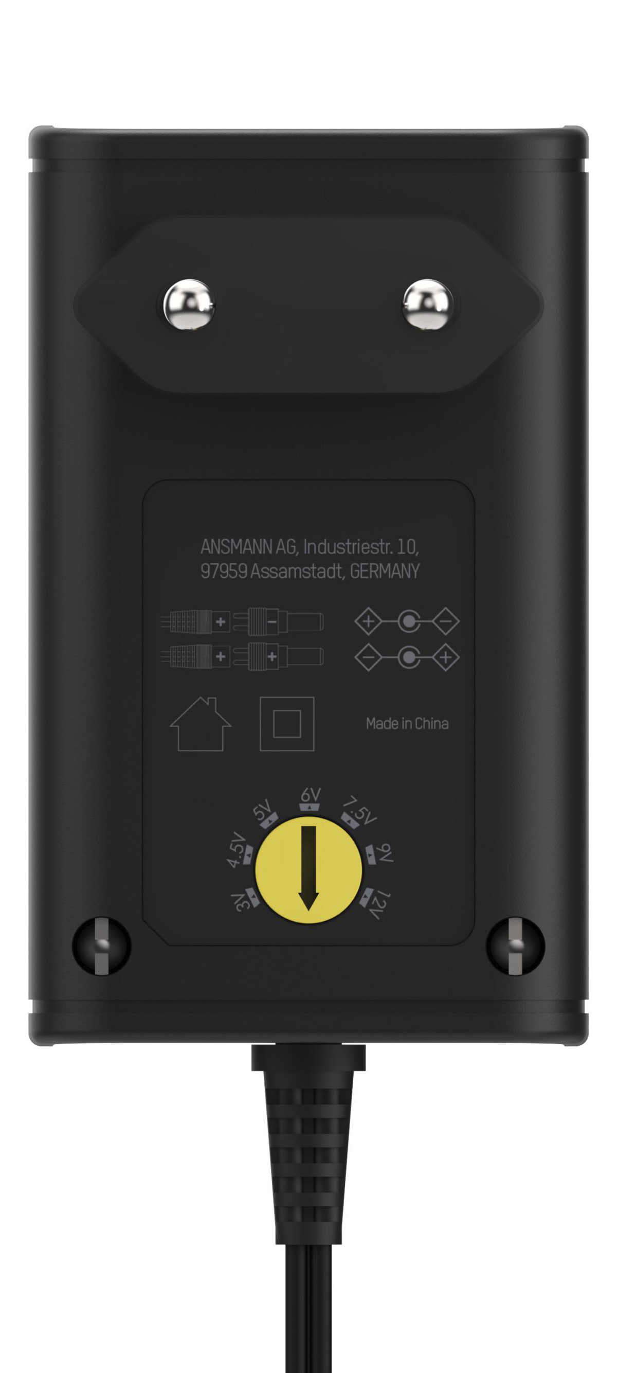 Czarny zasilacz z pokrętłem i białym tekstem oraz przewodem zasilającym.