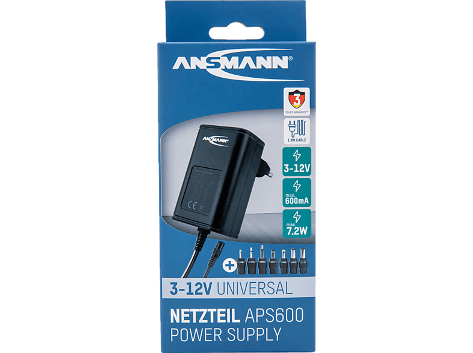 Pudełko z zasilaczem z czarnym adapterem, różnymi końcówkami i napisem '3-12V UNIVERSAL'.