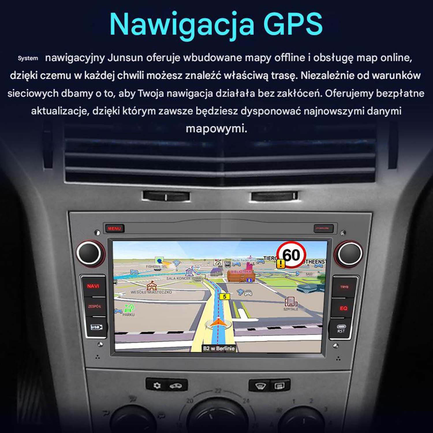 Deska rozdzielcza samochodu pokazująca nawigację GPS z mapą i informacjami o jeździe na ekranie.