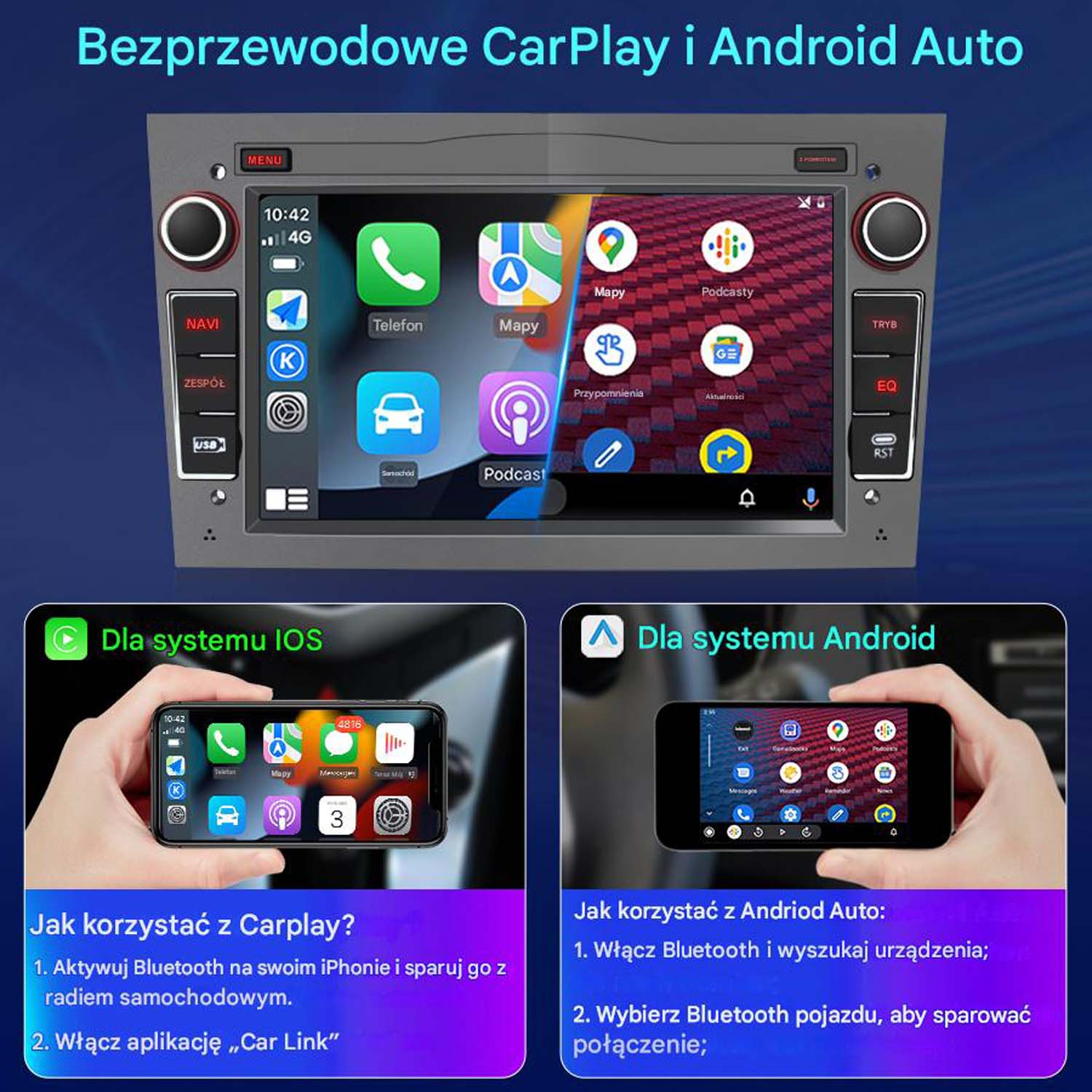 Ekran radia samochodowego z ikonami aplikacji. Dwa telefony wyświetlają interfejsy iOS i Android dla CarPlay i Android Auto.
