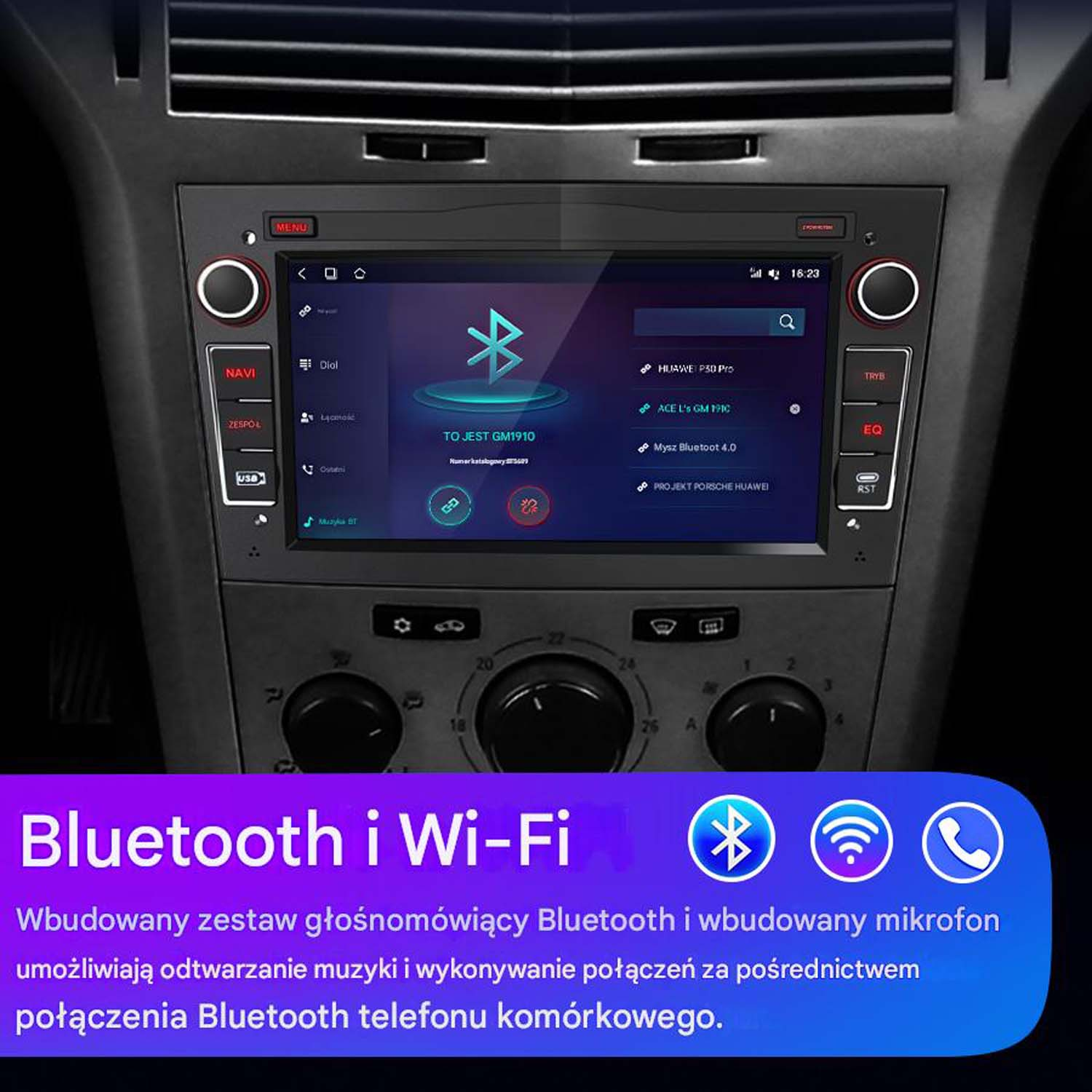 Ekran radia samochodowego z logo Bluetooth i Wi-Fi. Ekran wyświetla interfejs z różnymi opcjami.