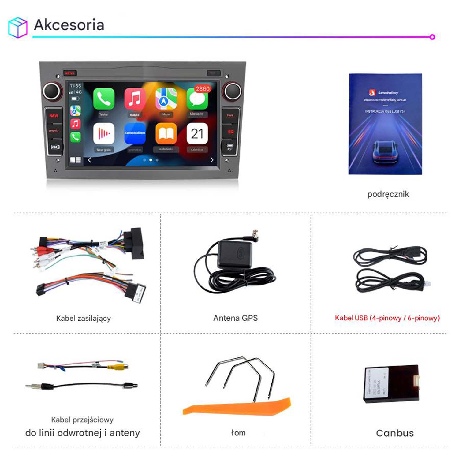 Elementy zestawu stereo do samochodu, w tym ekran, kable, antena GPS i instrukcja obsługi.