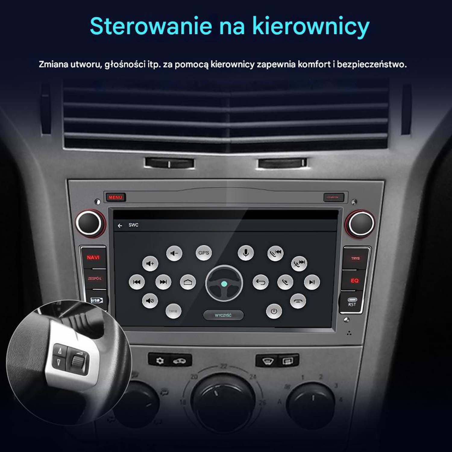 Ekran radia samochodowego z opcjami sterowania z kierownicy. Pokazuje interfejs sterowania z różnymi przyciskami.